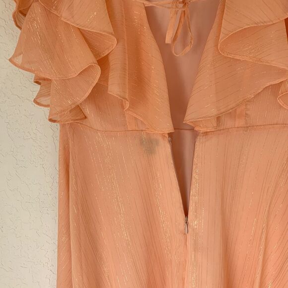 Halston Dress Women 2 Pink Peach Gold Shimmer Flutter Flowy Preppy Wedding $179 - Picture 5 of 10